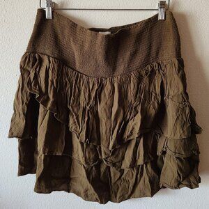 Anthropologie HD in Paris Olive Ruffle Smocked Mini Skirt